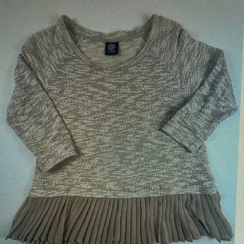 Neutral Gray & Cream Knit Women's Sweater with Pleated Hem